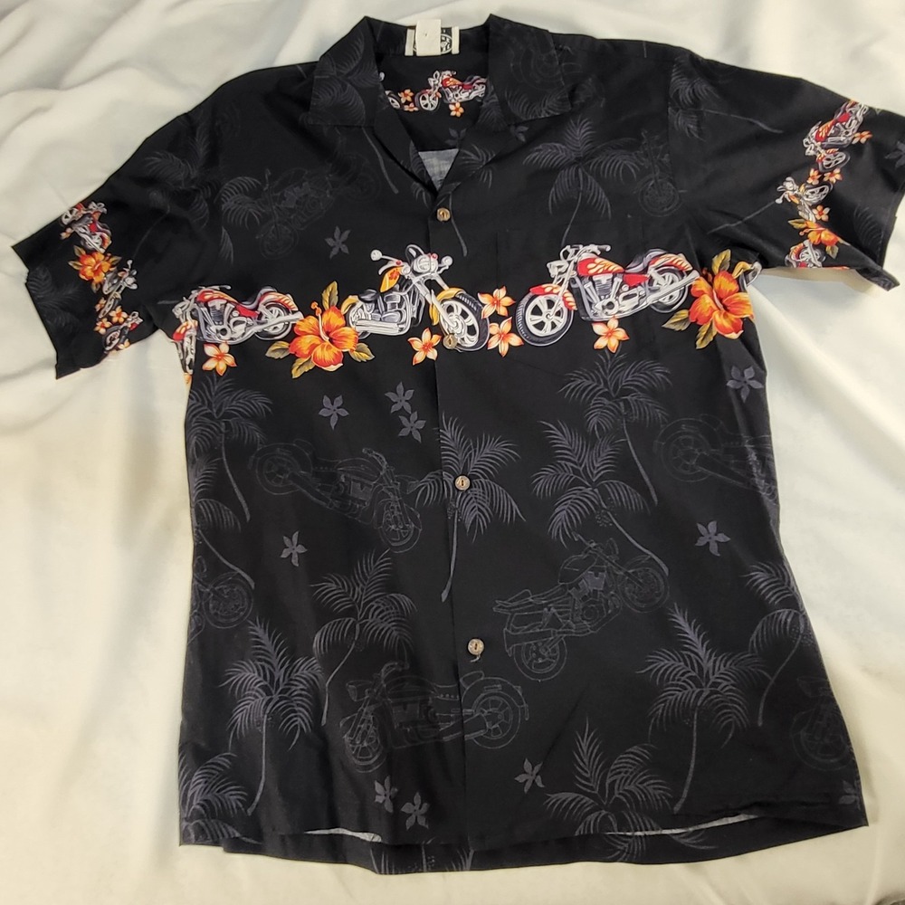 Hawaiian Pacific Legend Mens M Black Motorcycle Print Short Sleeve
